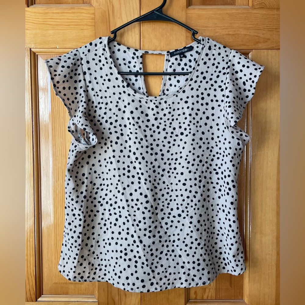Papermoon Tan With Black Polka Dots Top Blouse Flutter Sleeve Size SP
